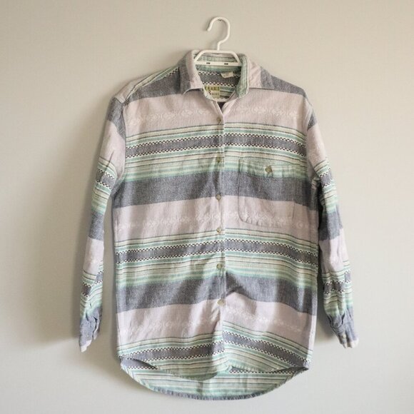 Khaki & Blues Women's Small Button-Down Pleat Collar Striped Casual Thick Shirt - Picture 1 of 11